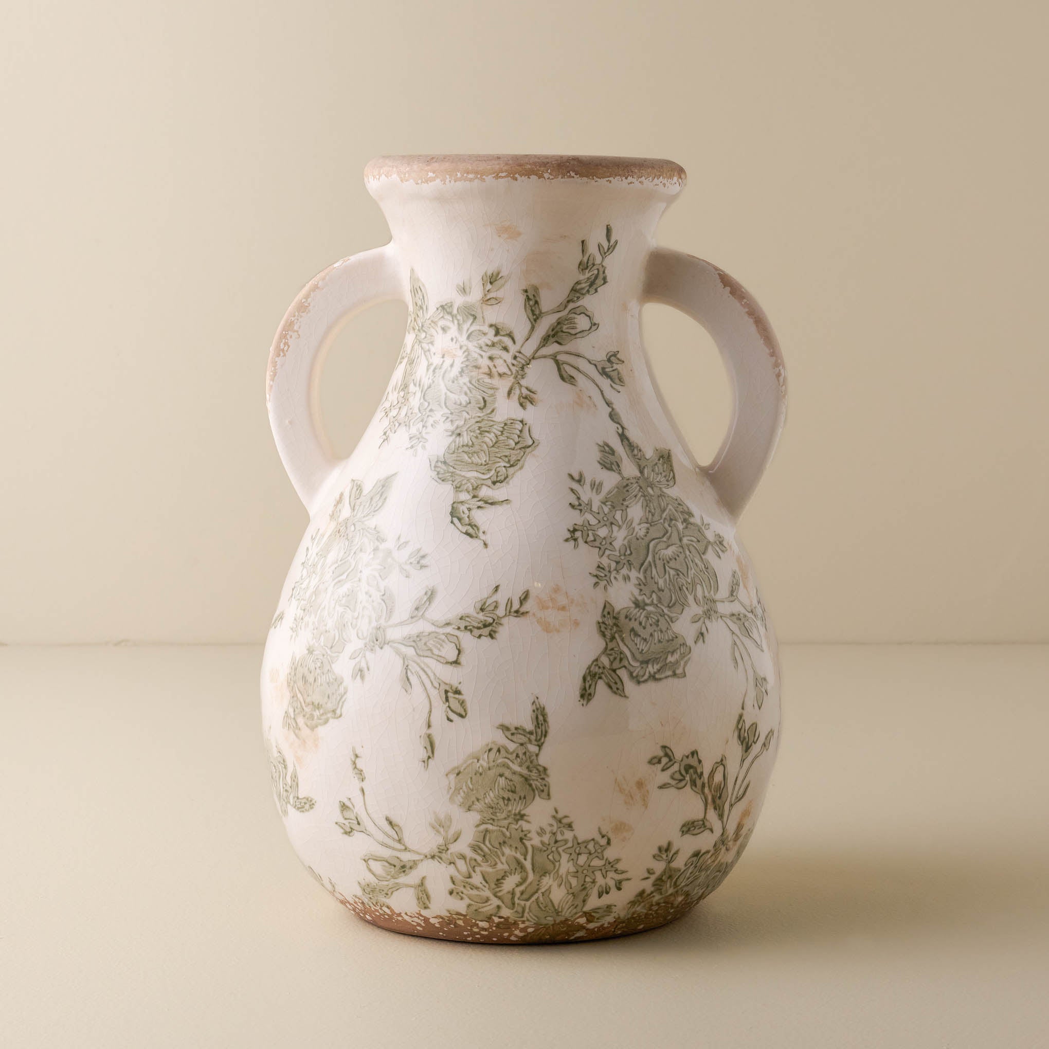 Green and White Distressed Vase with Handle