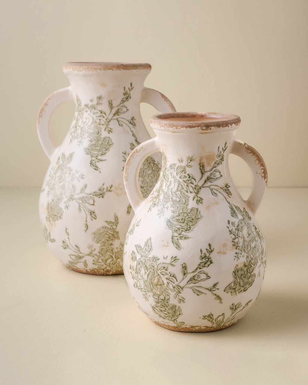 Green and White Distressed Vase with Handle