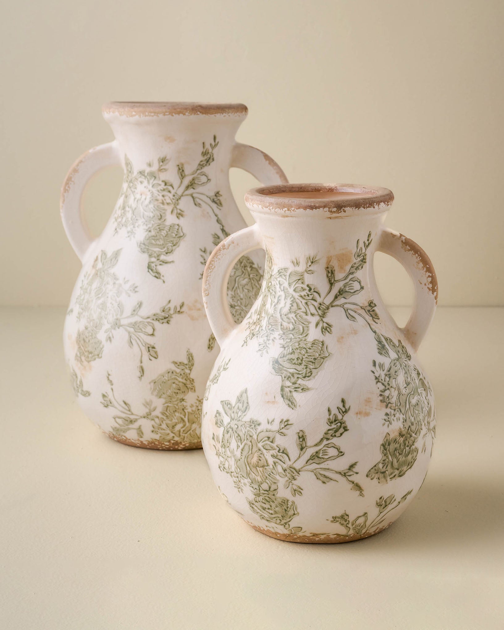 Green and White Distressed Vase with Handle