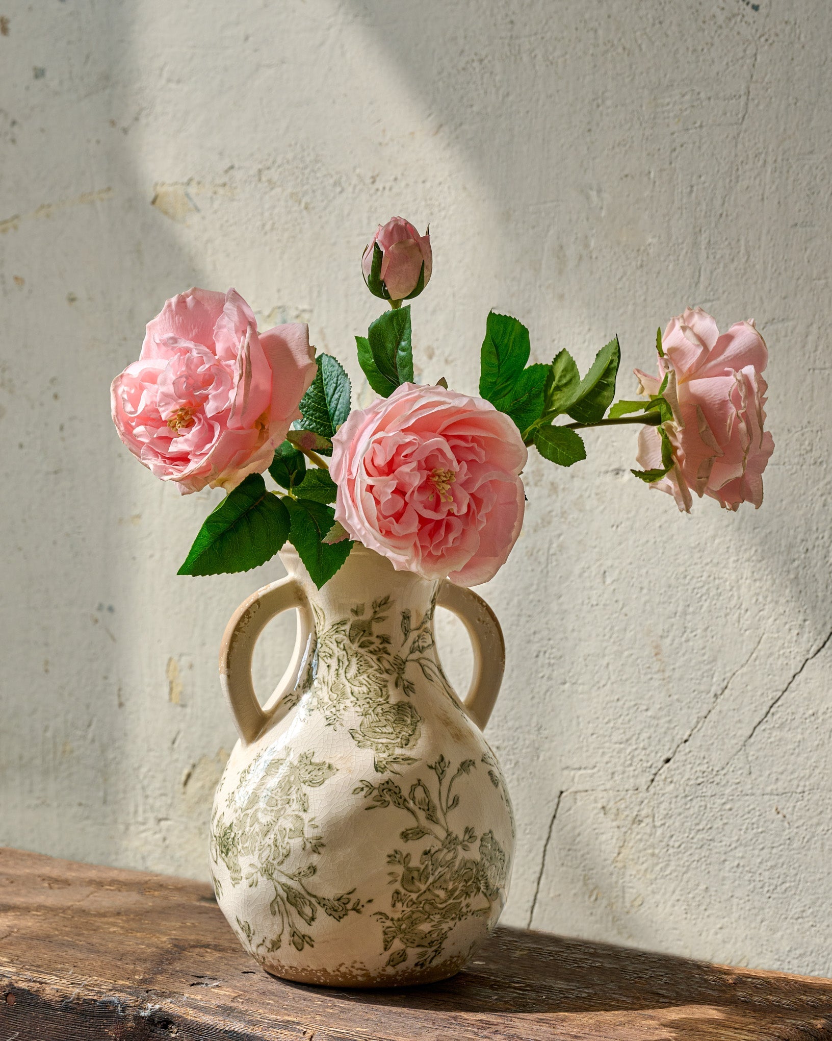 Green and White Distressed Vase with Handle