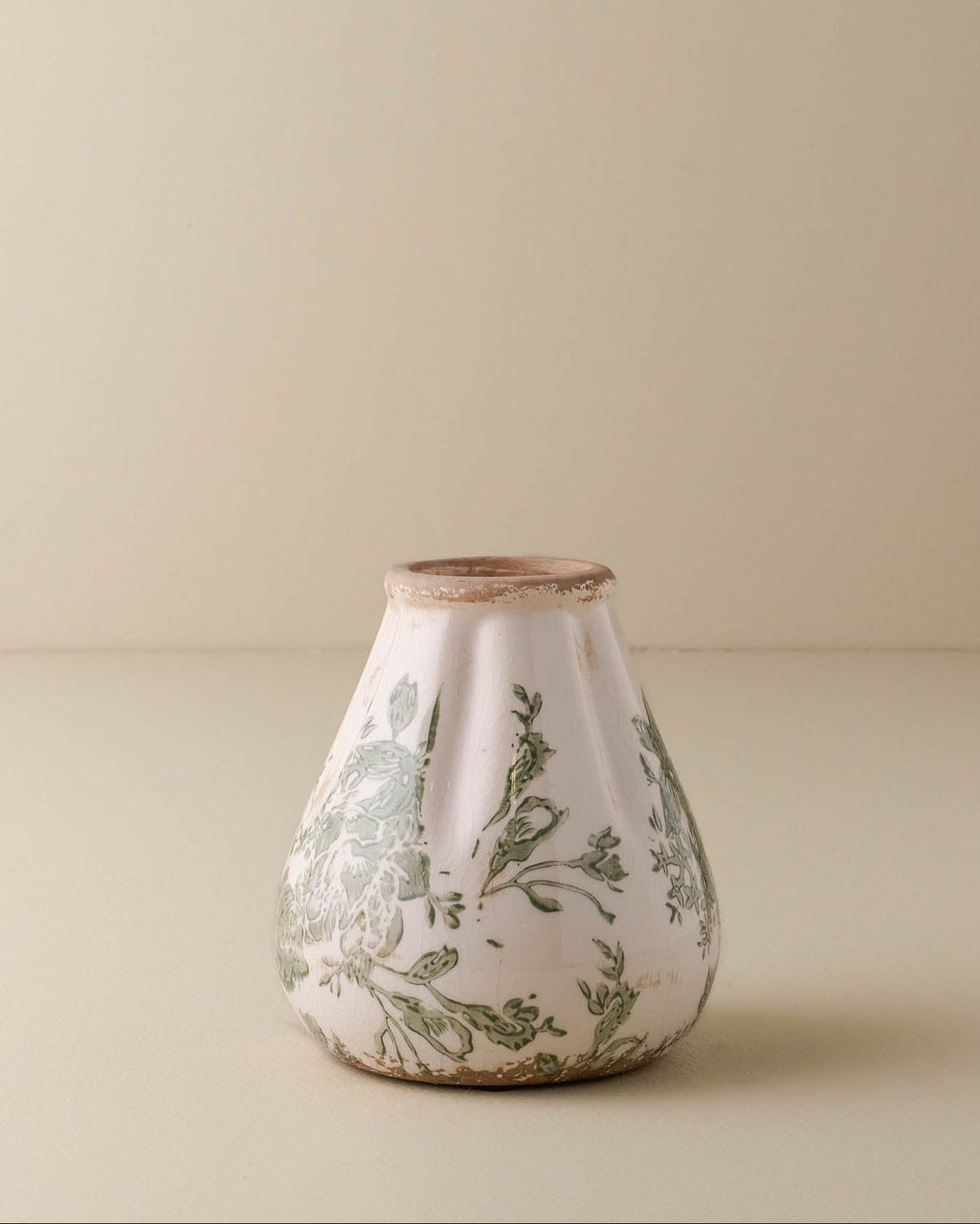 Fluted Green and White Distressed Vase