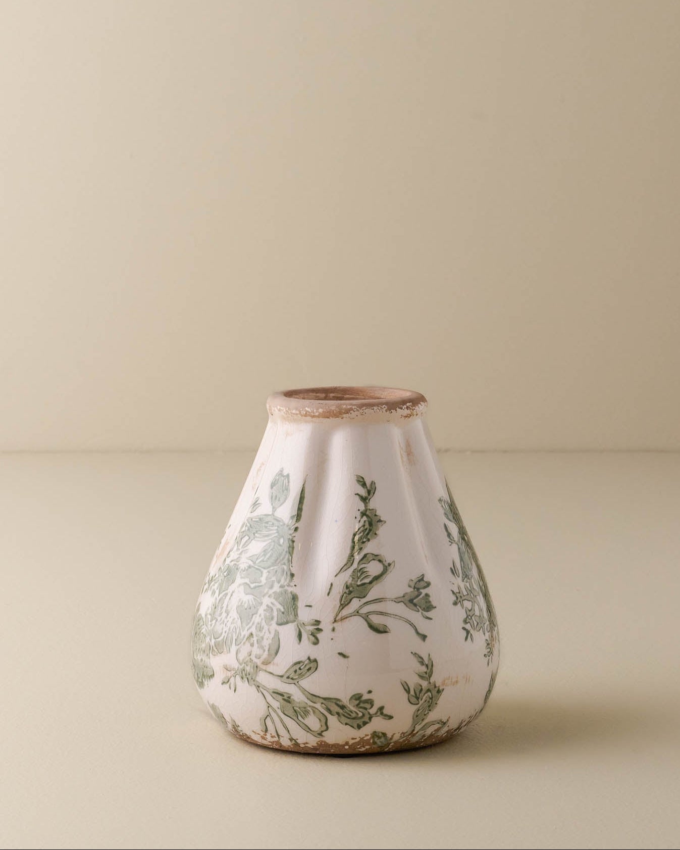 Fluted Green and White Distressed Vase