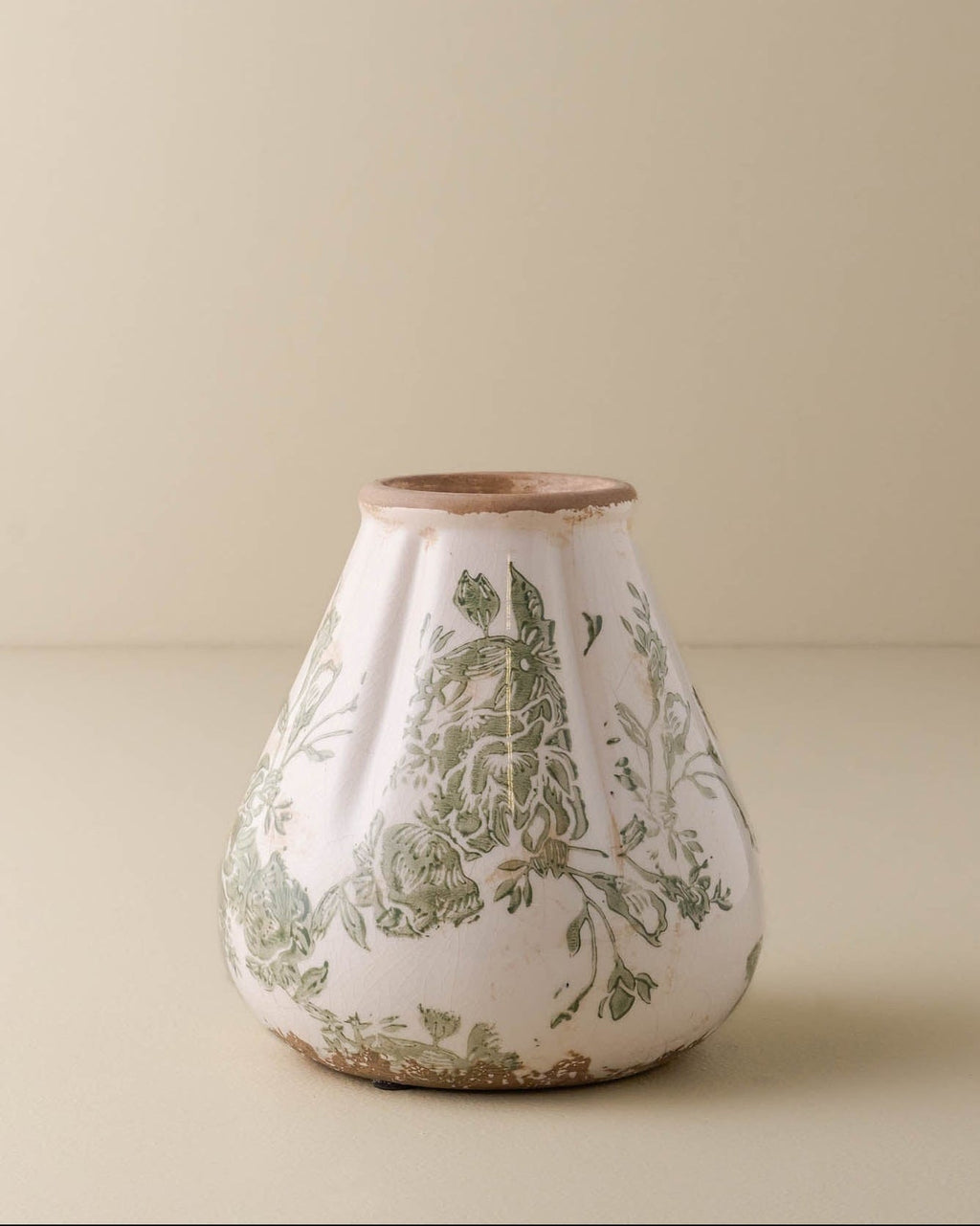 Fluted Green and White Distressed Vase