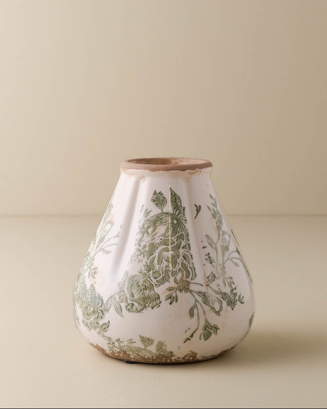 Fluted Green and White Distressed Vase