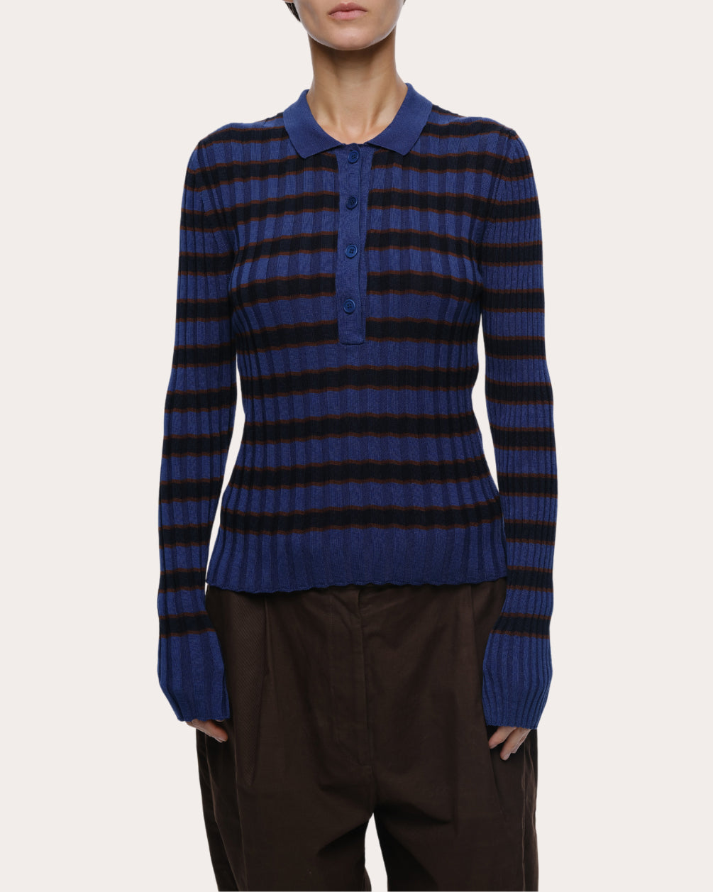 Silvia Striped Rib-Knit Cotton Polo Sweater