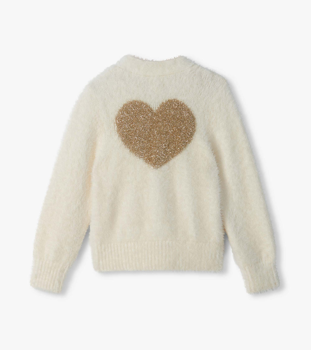 Girls Gold Heart Fuzzy Shrunken Cardigan