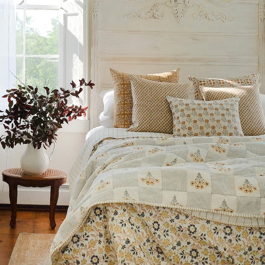 Zoya Hand Block Printed Linen Pillow Cover, 22x22