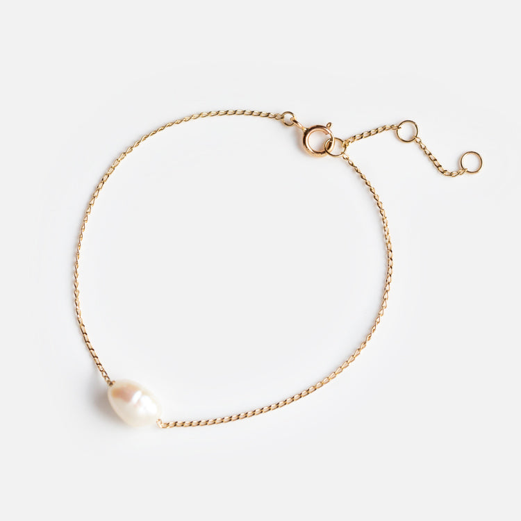 Solid Gold Single Pearl Chain Bracelet