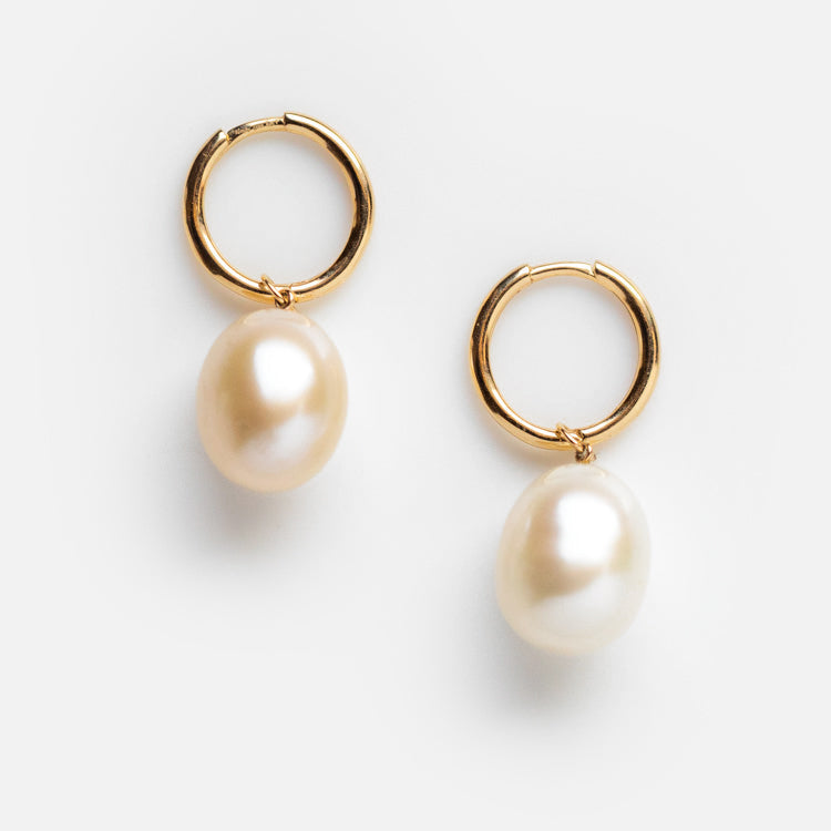 Solid Gold Elegant Pearl Charm Huggies