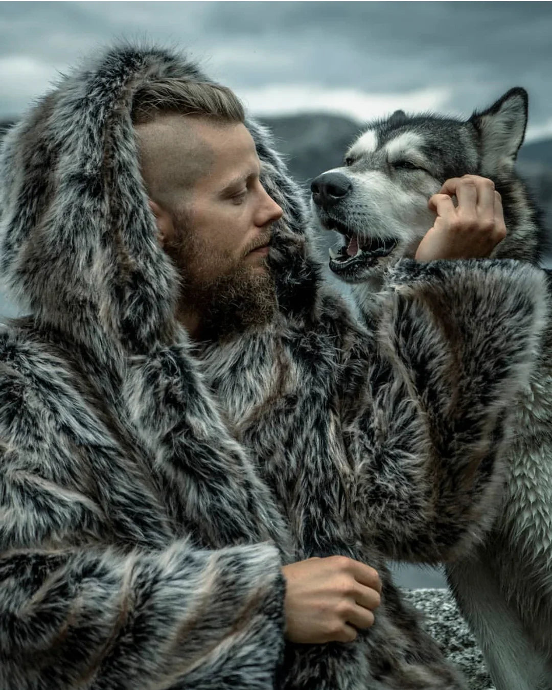 Hooded Men's Faux Fur Coat | Grey Wolf