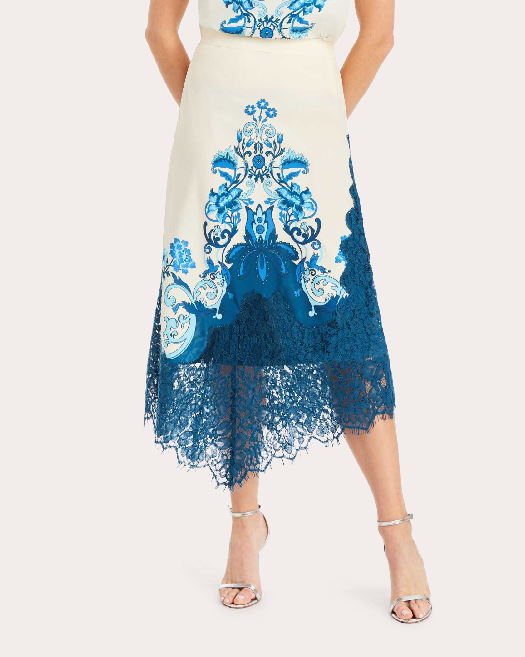 Gracie Floral Twill Lace Asymmetric Midi Skirt