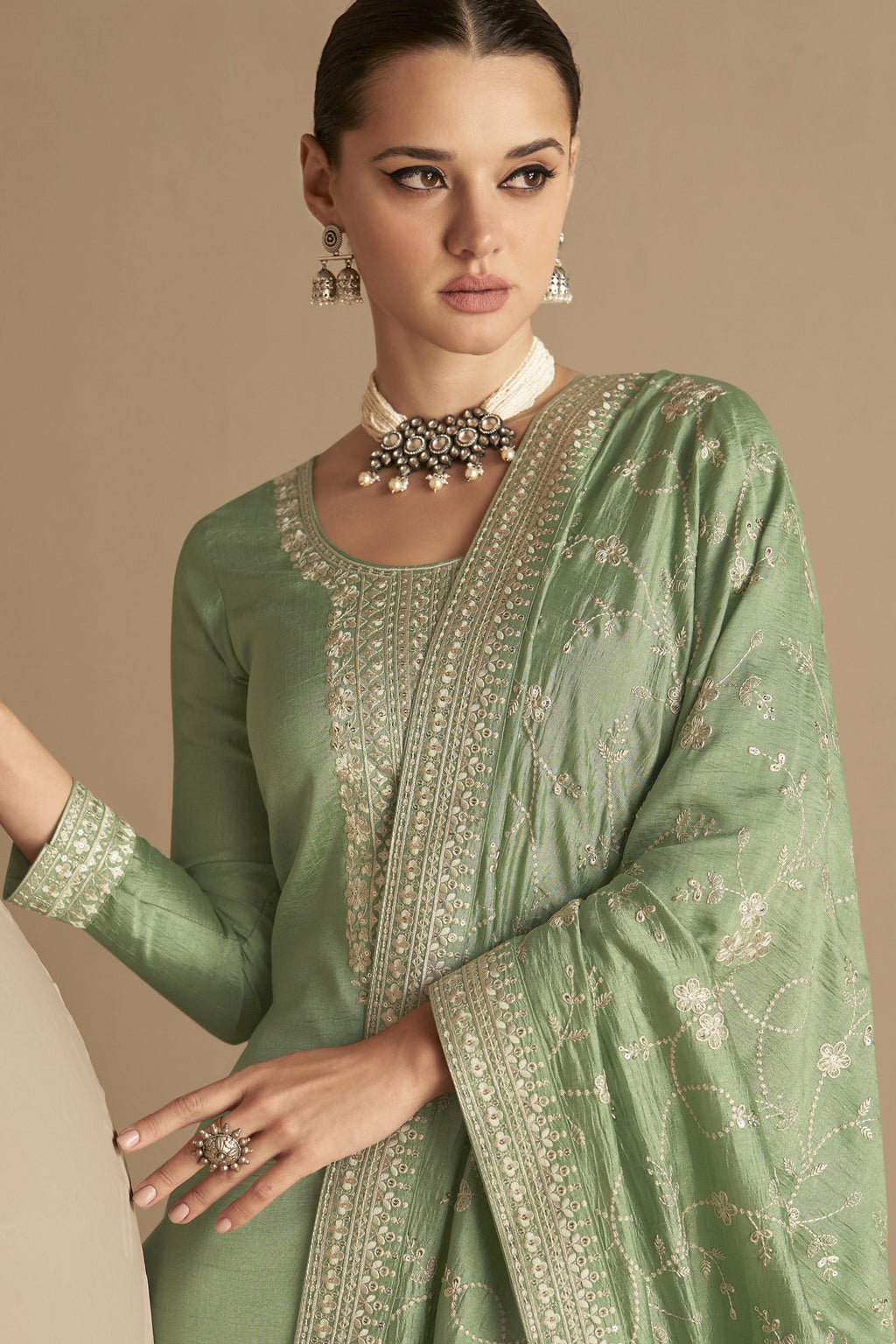 Green Chinon Silk Kameez Pant Suit For Indian Festivals & Weddings - Thread Embroidery Work,