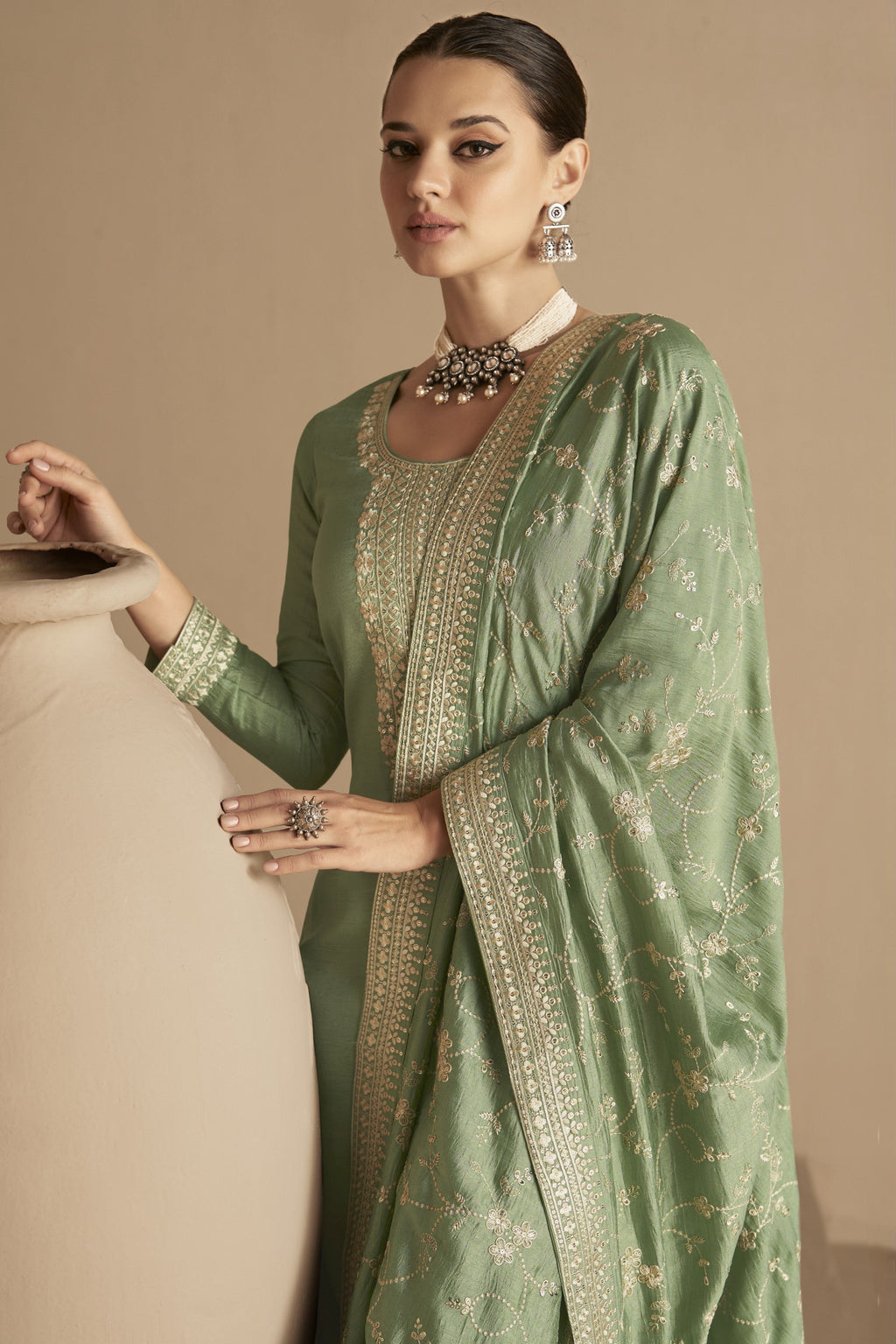 Green Chinon Silk Kameez Pant Suit For Indian Festivals & Weddings - Thread Embroidery Work,