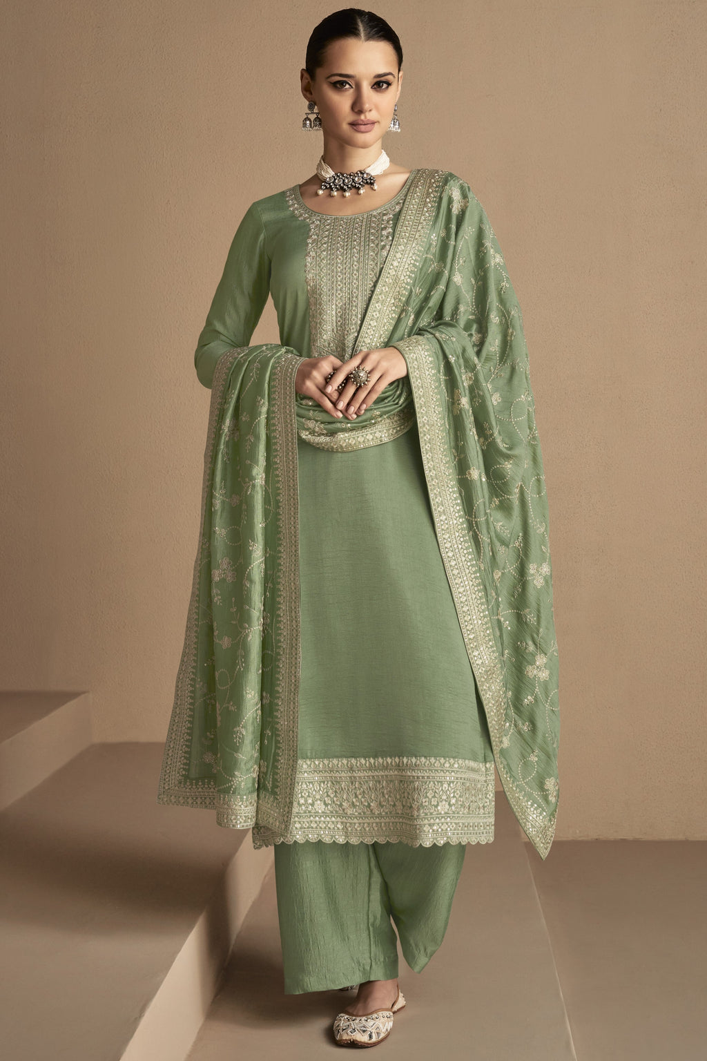Green Chinon Silk Kameez Pant Suit For Indian Festivals & Weddings - Thread Embroidery Work,