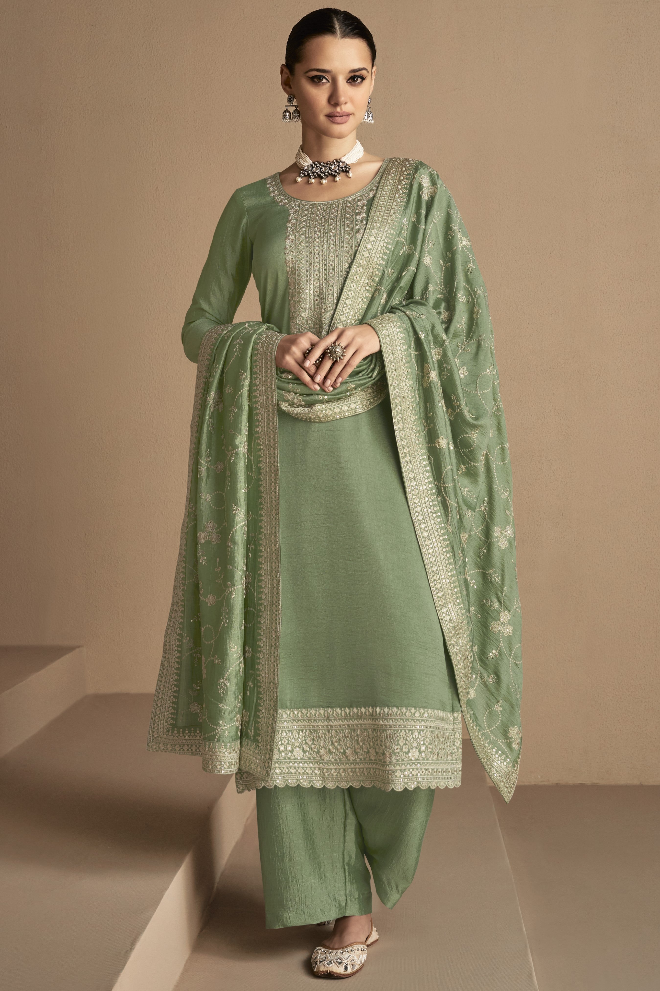 Green Chinon Silk Kameez Pant Suit For Indian Festivals & Weddings - Thread Embroidery Work,