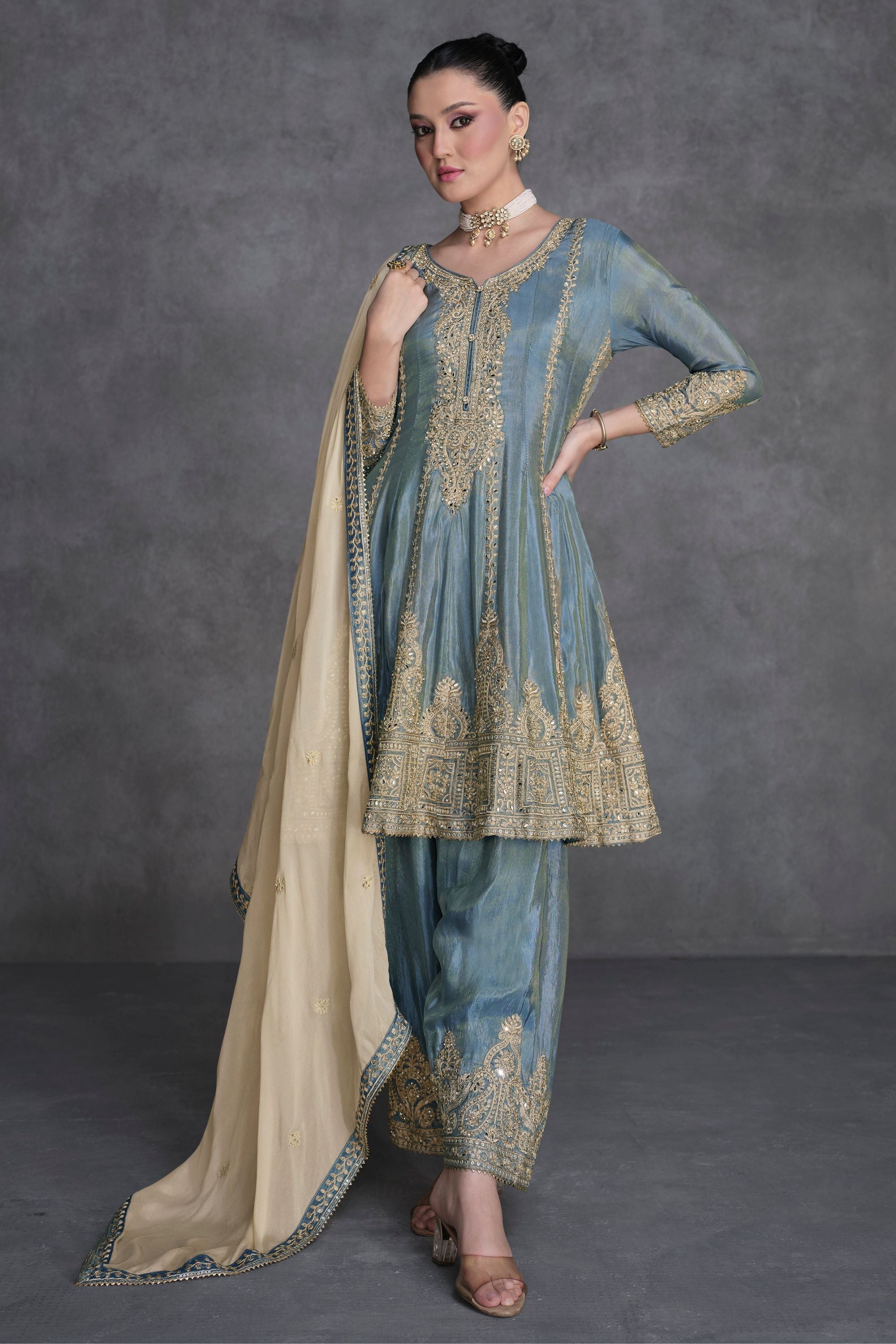 Grey Organza Salwar Kameez for Women – Indian & Pakistani Wedding Guest Outfit - Embroidery Work