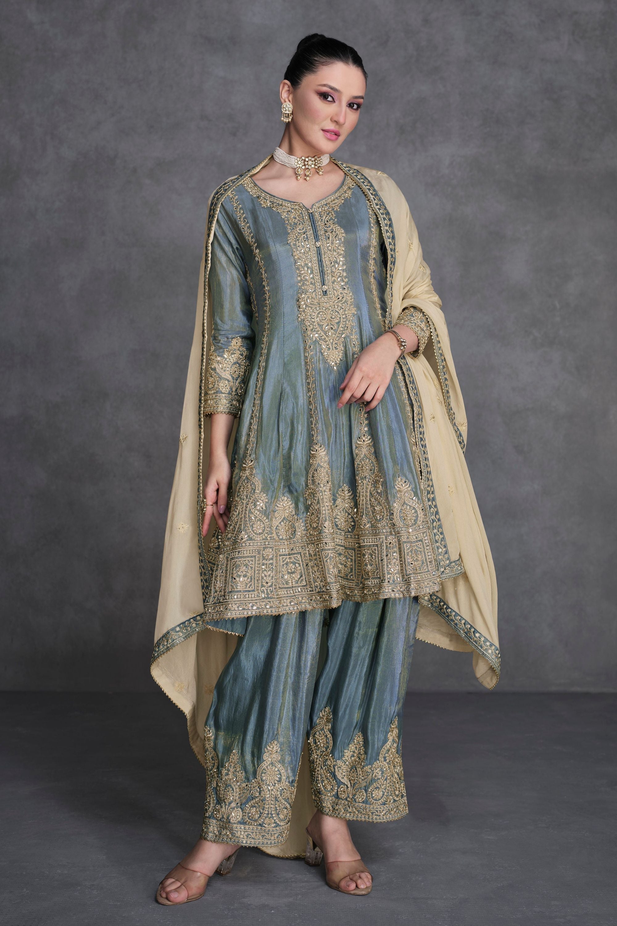 Grey Organza Salwar Kameez for Women – Indian & Pakistani Wedding Guest Outfit - Embroidery Work