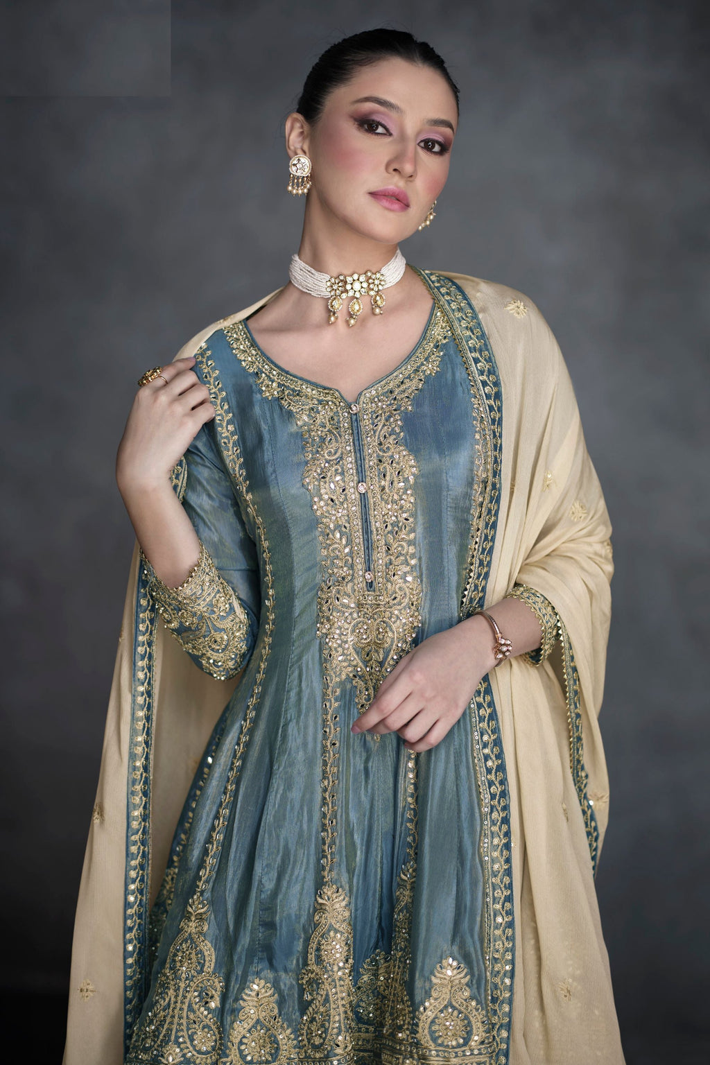 Grey Organza Salwar Kameez for Women – Indian & Pakistani Wedding Guest Outfit - Embroidery Work