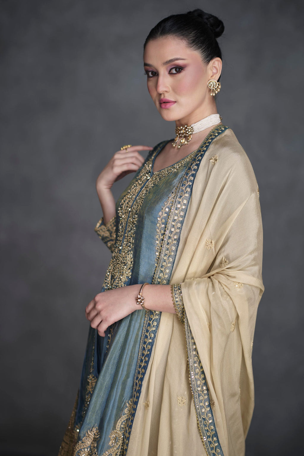 Grey Organza Salwar Kameez for Women – Indian & Pakistani Wedding Guest Outfit - Embroidery Work