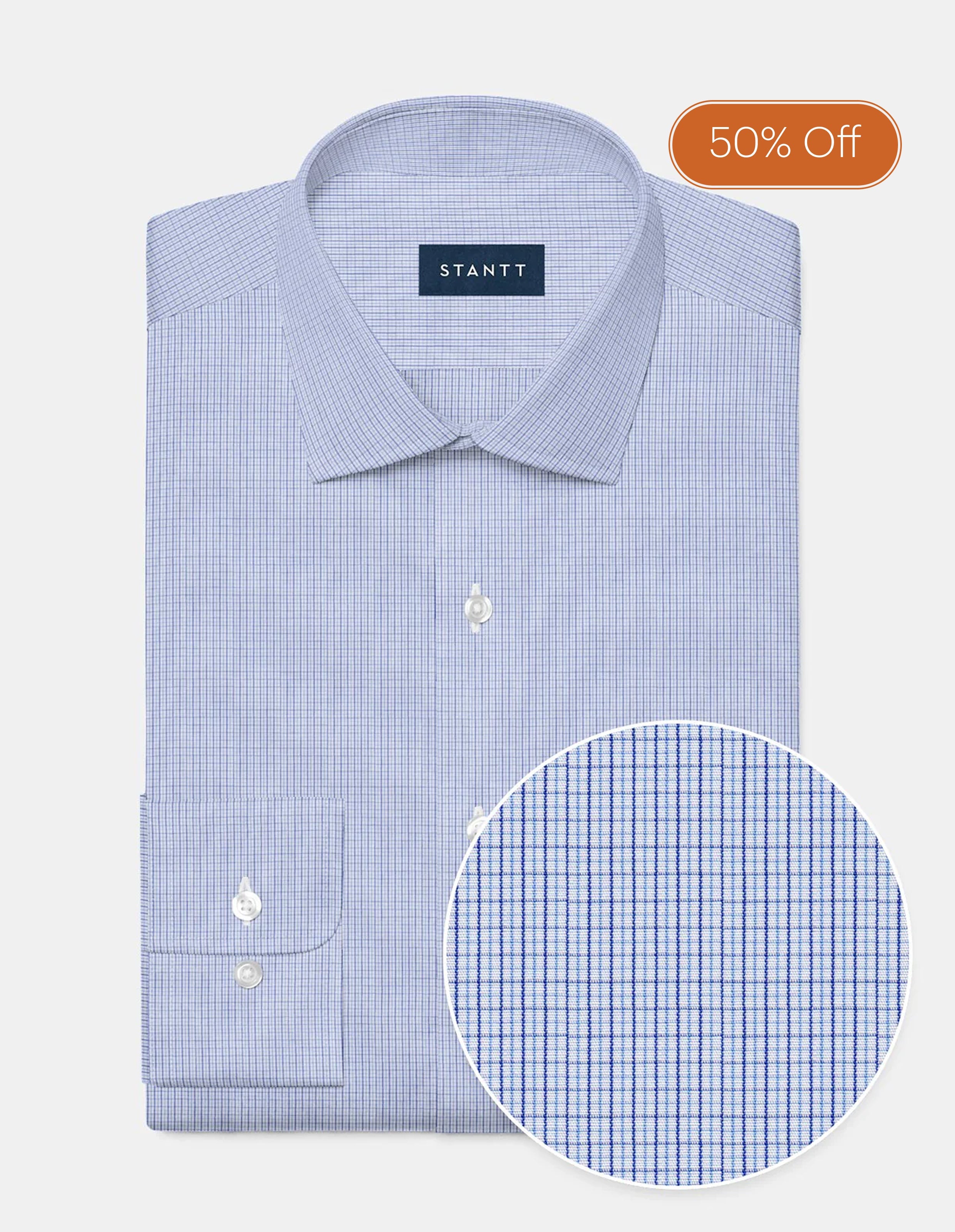 Wrinkle-Resistant Poplin - Sky Blue and Lapis Mini Tattersall