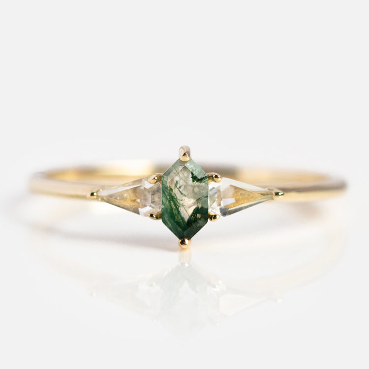 Solid Gold Aquatic Agate Elements Hexagon Ring