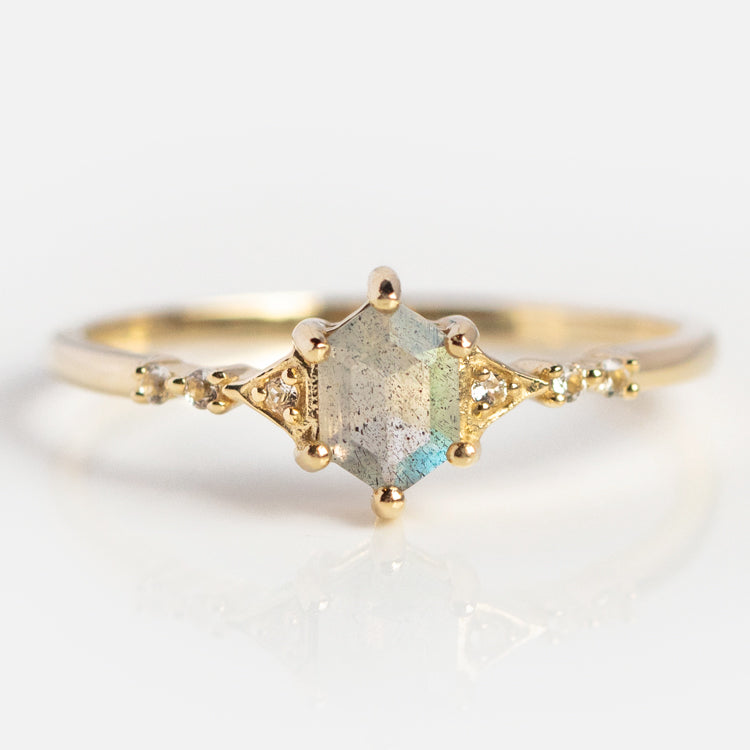 Solid Gold Mystic Labradorite Hexagon Ring for Protection