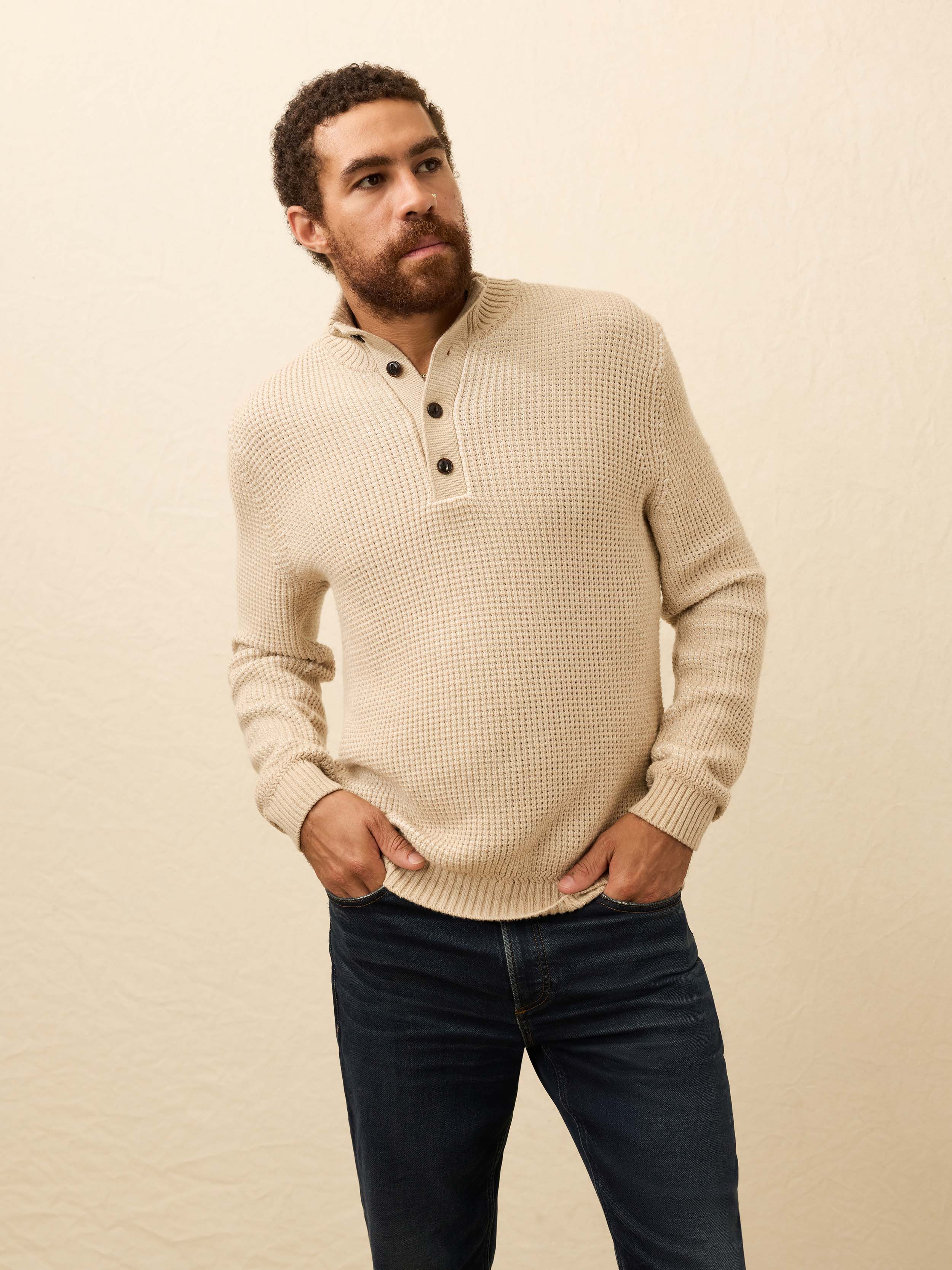 Quarter Button Sweater - Alpine Khaki