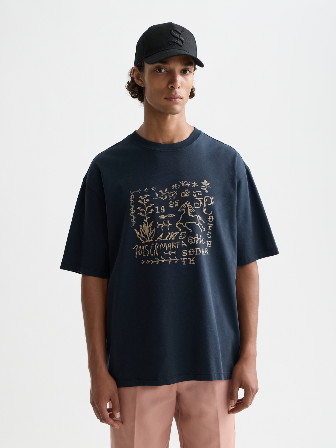 Cross-Stitched Front Artwork Loose-Fit T-Shirt