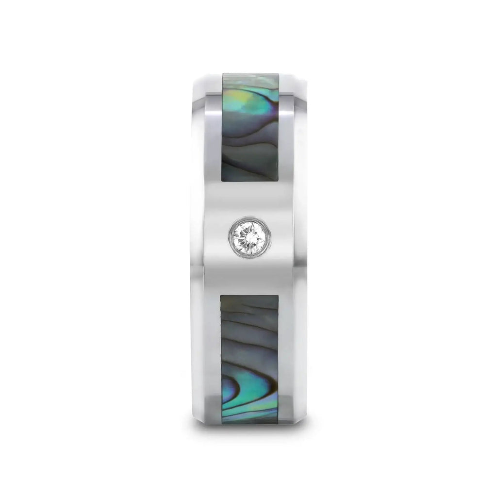 HONOLULU Mother of Pearl Inlay Tungsten Carbide Ring with Beveled Edges and White Diamond - 8mm