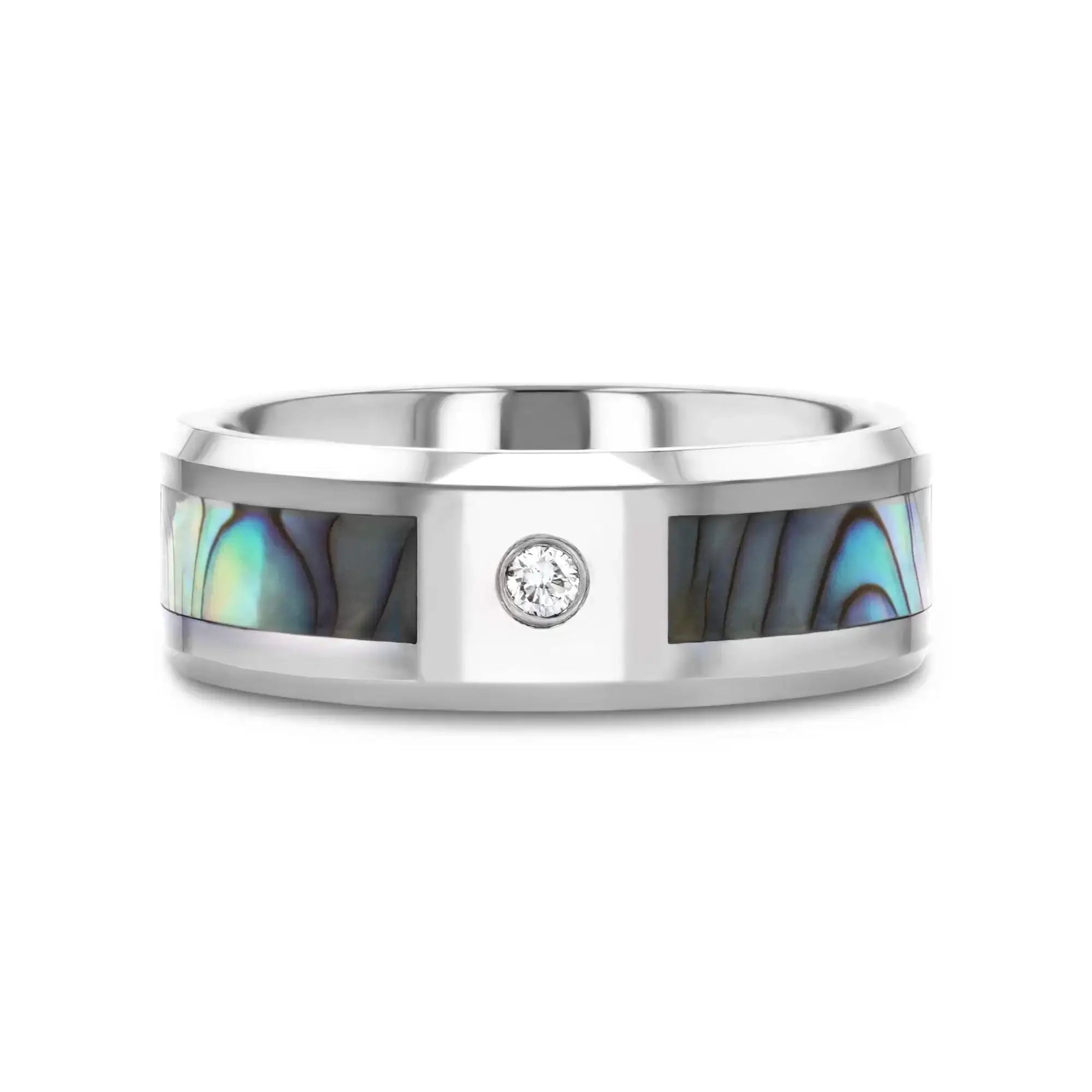 HONOLULU Mother of Pearl Inlay Tungsten Carbide Ring with Beveled Edges and White Diamond - 8mm