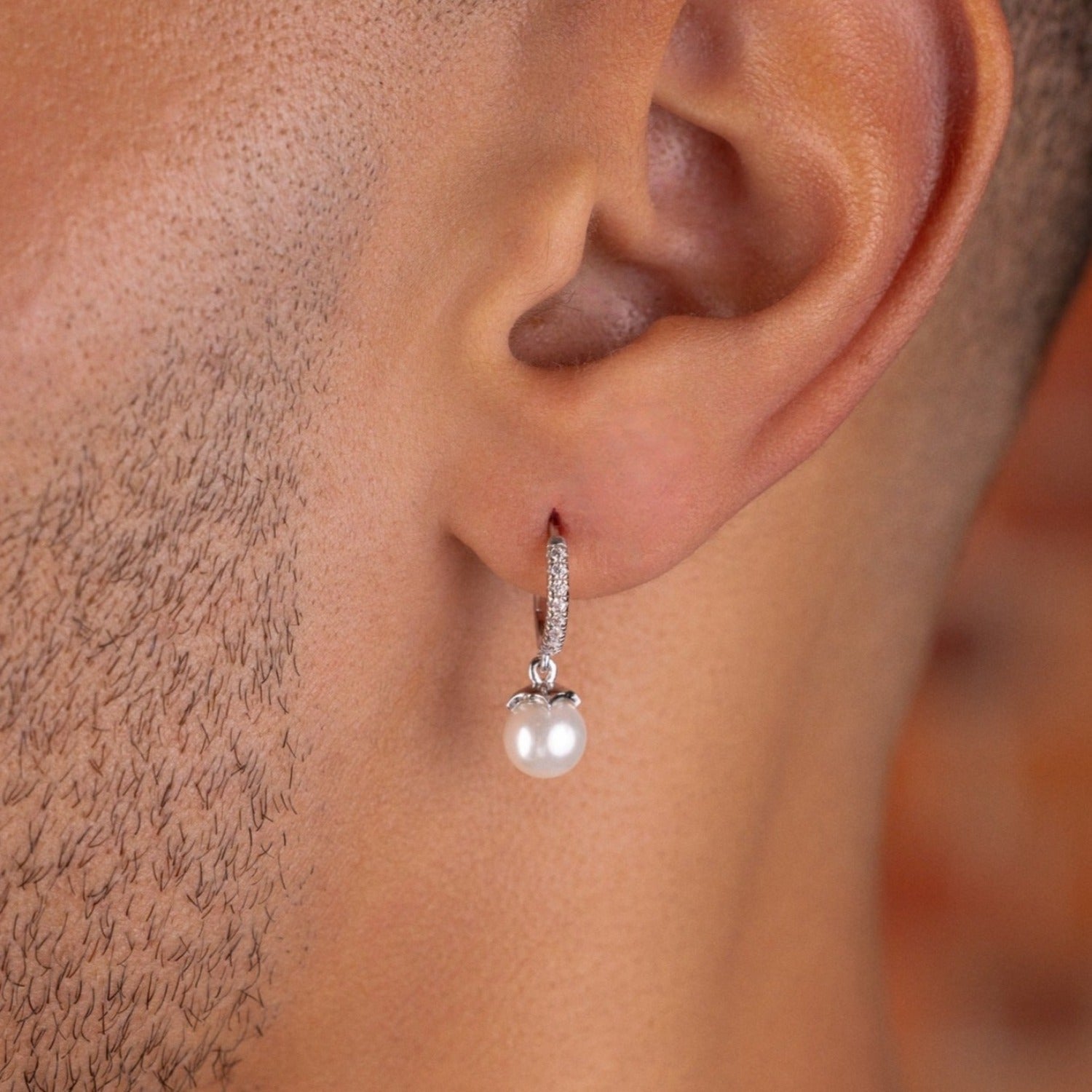GLD Pave Extra Small Huggie Hoop Pearl Drop Earrings in White Gold