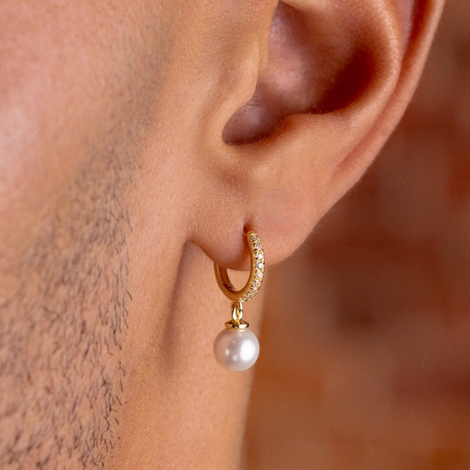 GLD Pave Extra Small Huggie Hoop Pearl Drop Earrings in Yellow Gold