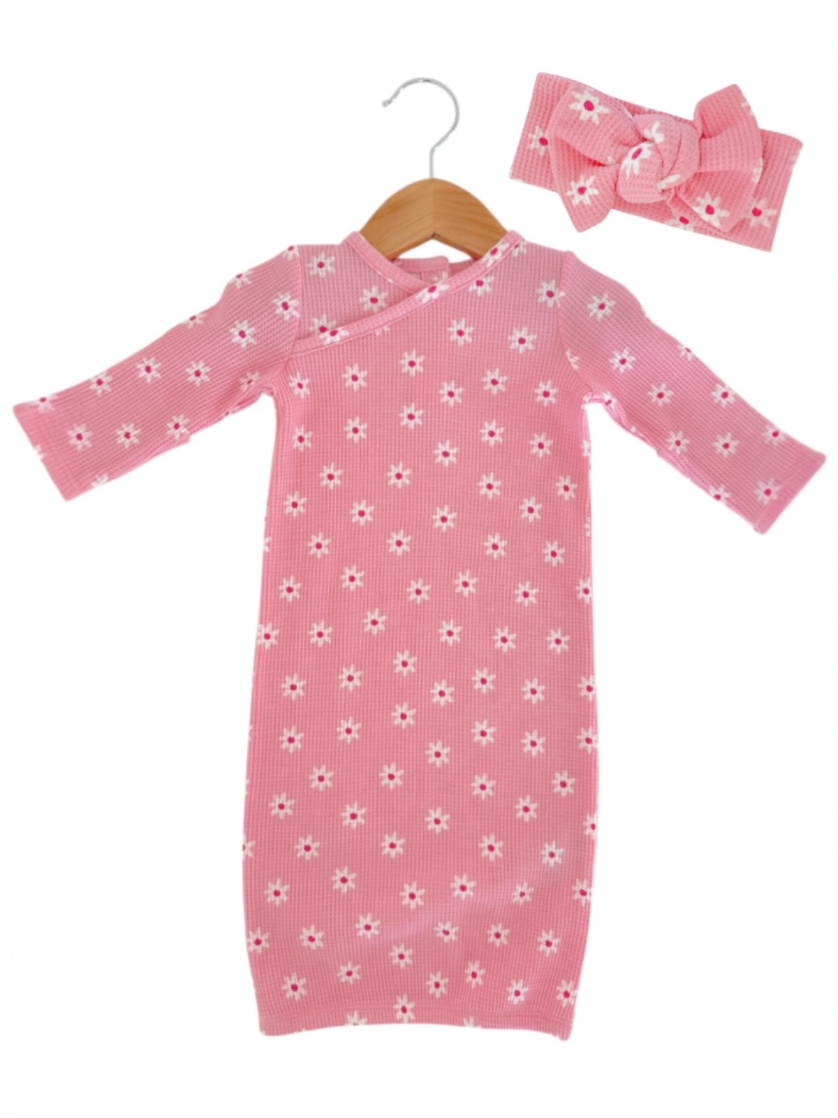 Organic Waffle Gown & Bow Set, Pink Flower