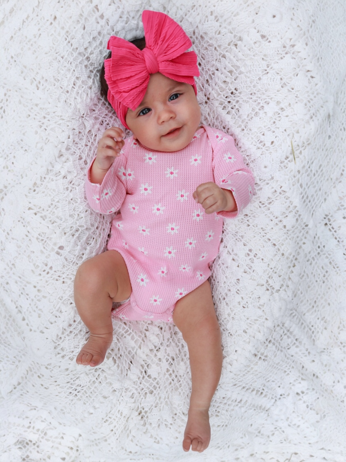 Organic Waffle Long Sleeve Bodysuit, Pink Flower