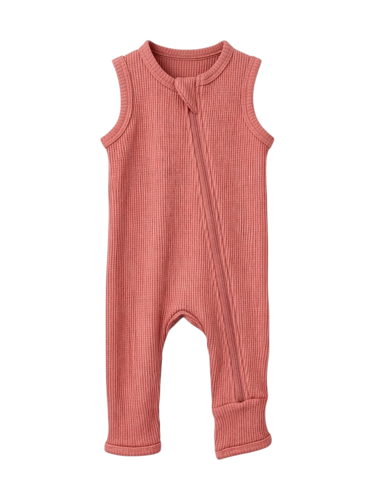 Organic Waffle Sleeveless Zip Romper, Dusty Rose