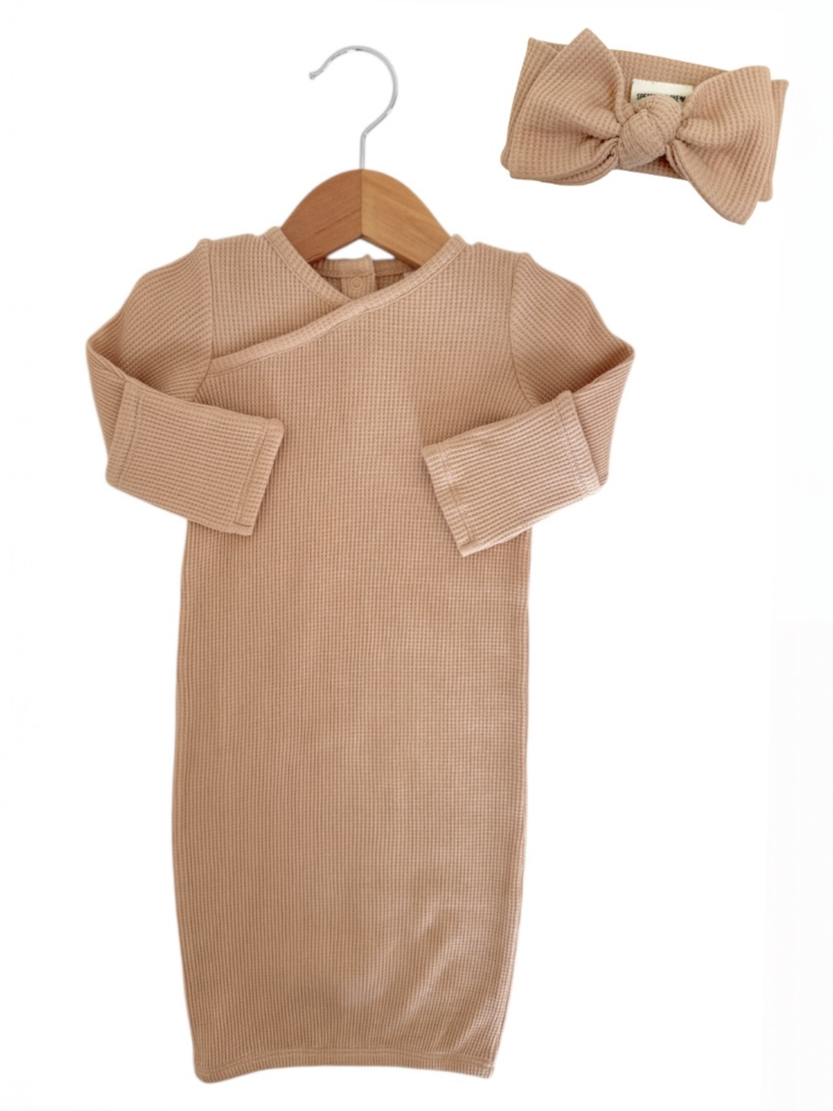 Organic Waffle Gown & Bow Set, Tan
