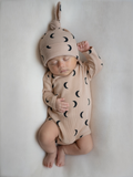 Organic Waffle Long Sleeve Bodysuit, Tan/Black Moon