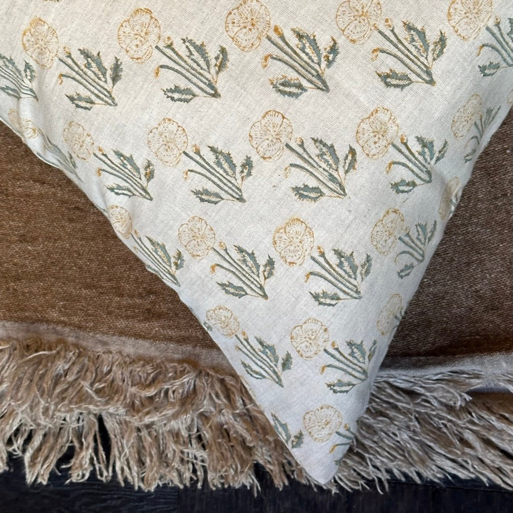 Zoya Hand Block Printed Linen Pillow Cover, 22x22
