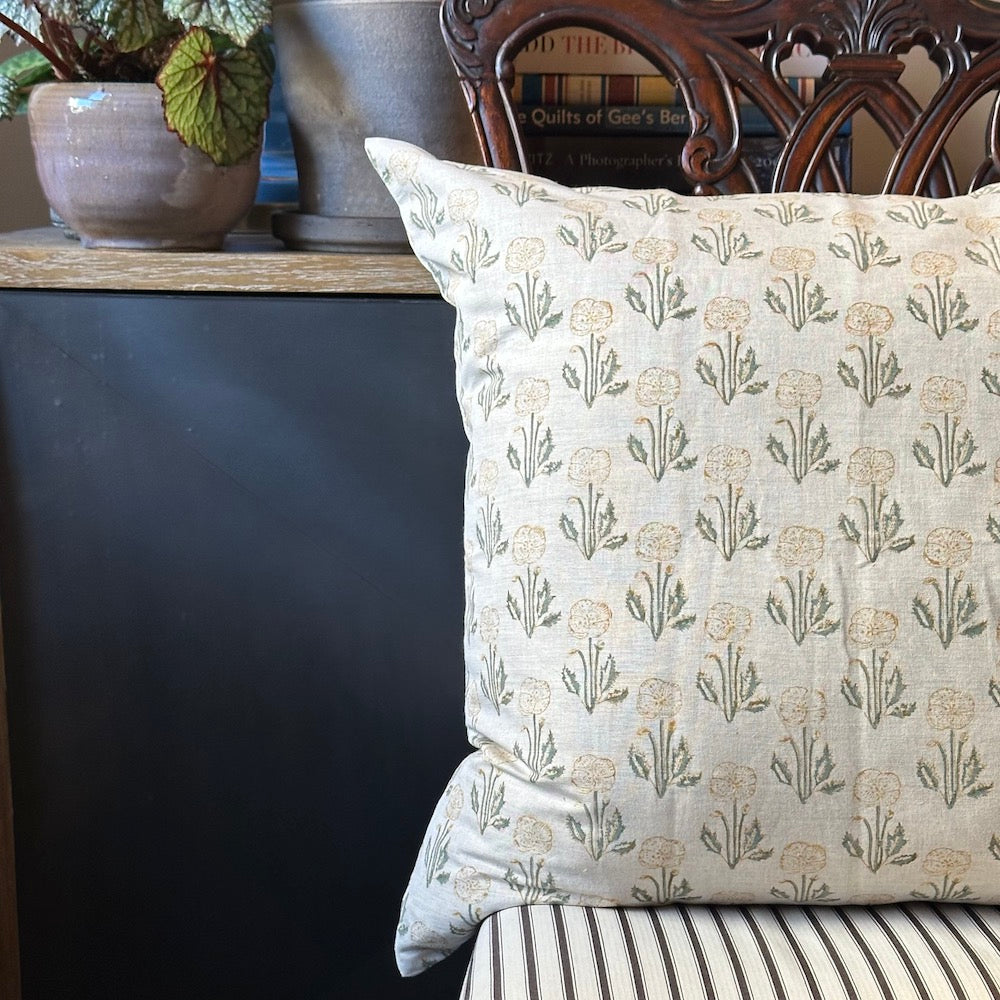 Zoya Hand Block Printed Linen Pillow Cover, 22x22