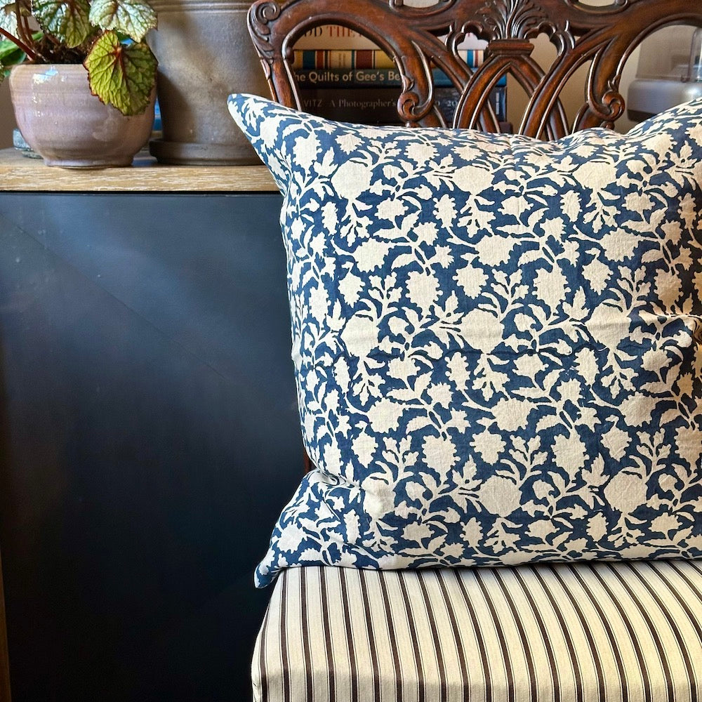 Amna Hand Block Printed Linen Pillow Cover, 22x22