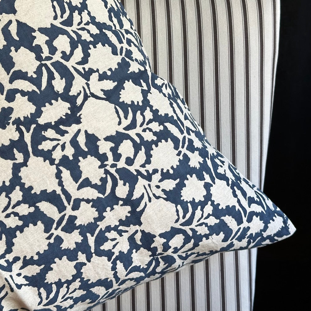 Amna Hand Block Printed Linen Pillow Cover, 22x22