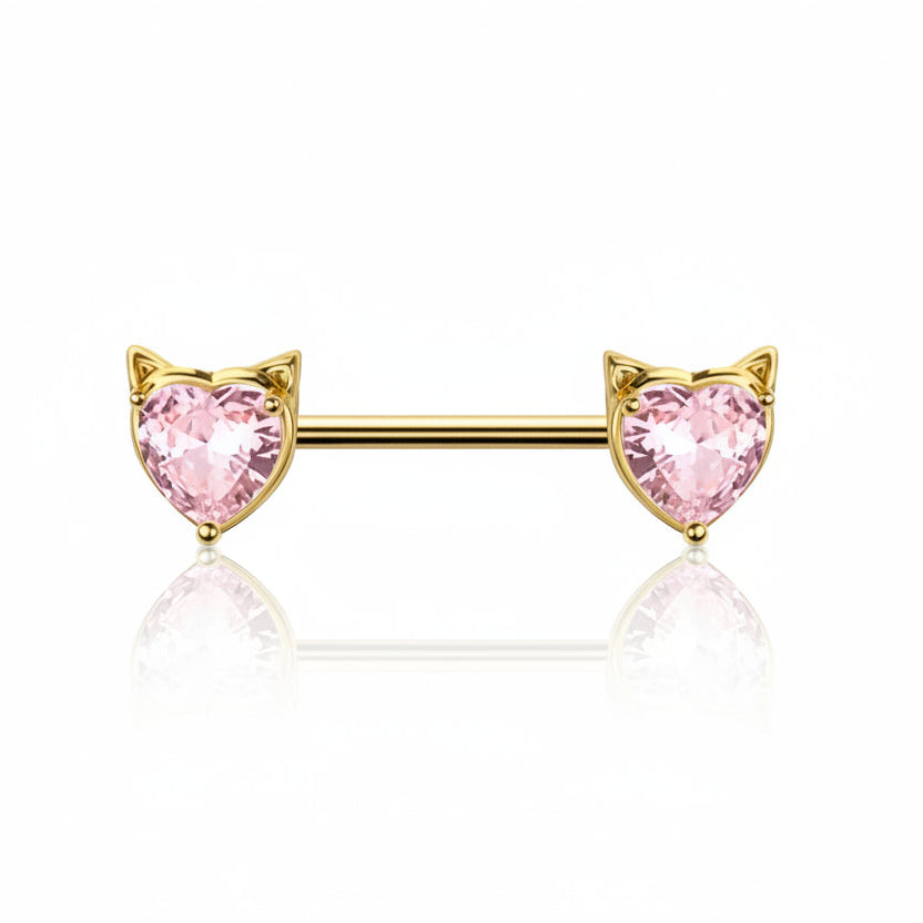 Kitty Heart Crystal Nipple Barbell 14g