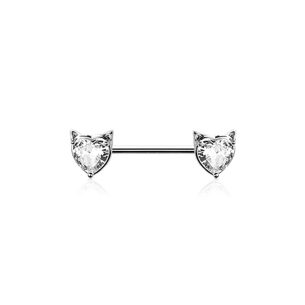 Kitty Heart Crystal Nipple Barbell 14g