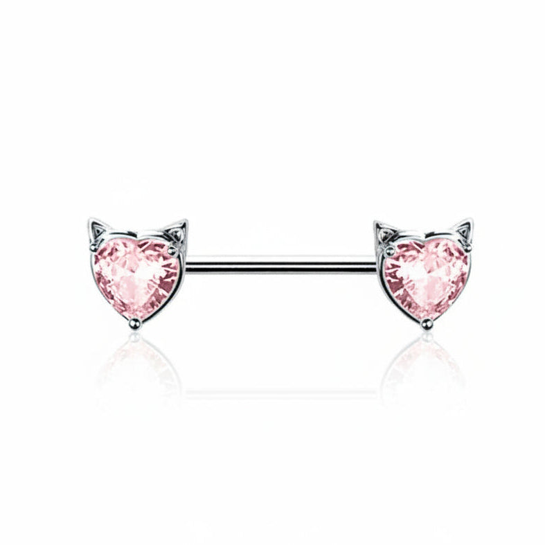 Kitty Heart Crystal Nipple Barbell 14g