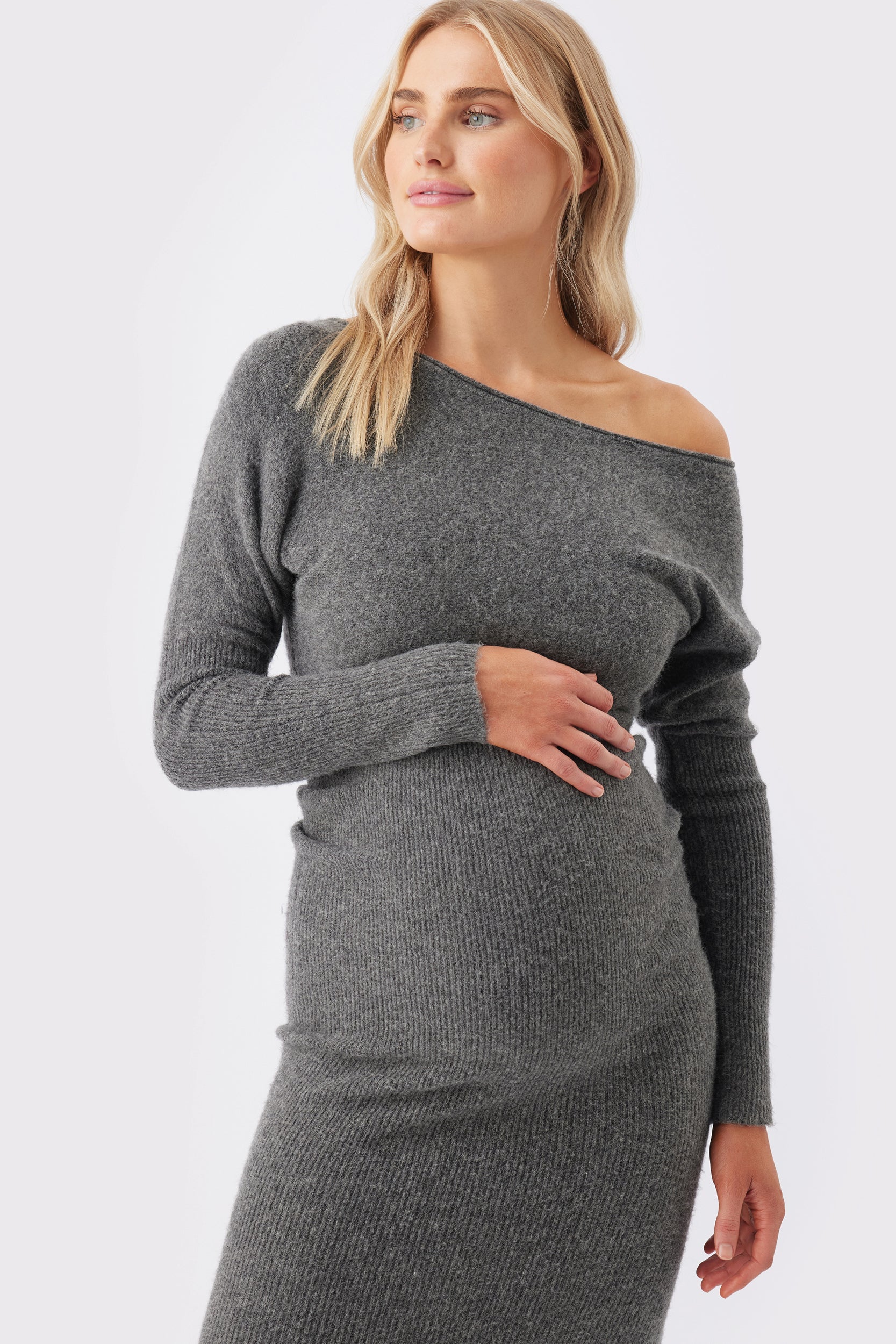 Tobie Off Shoulder Knit Maternity Dress Charcoal