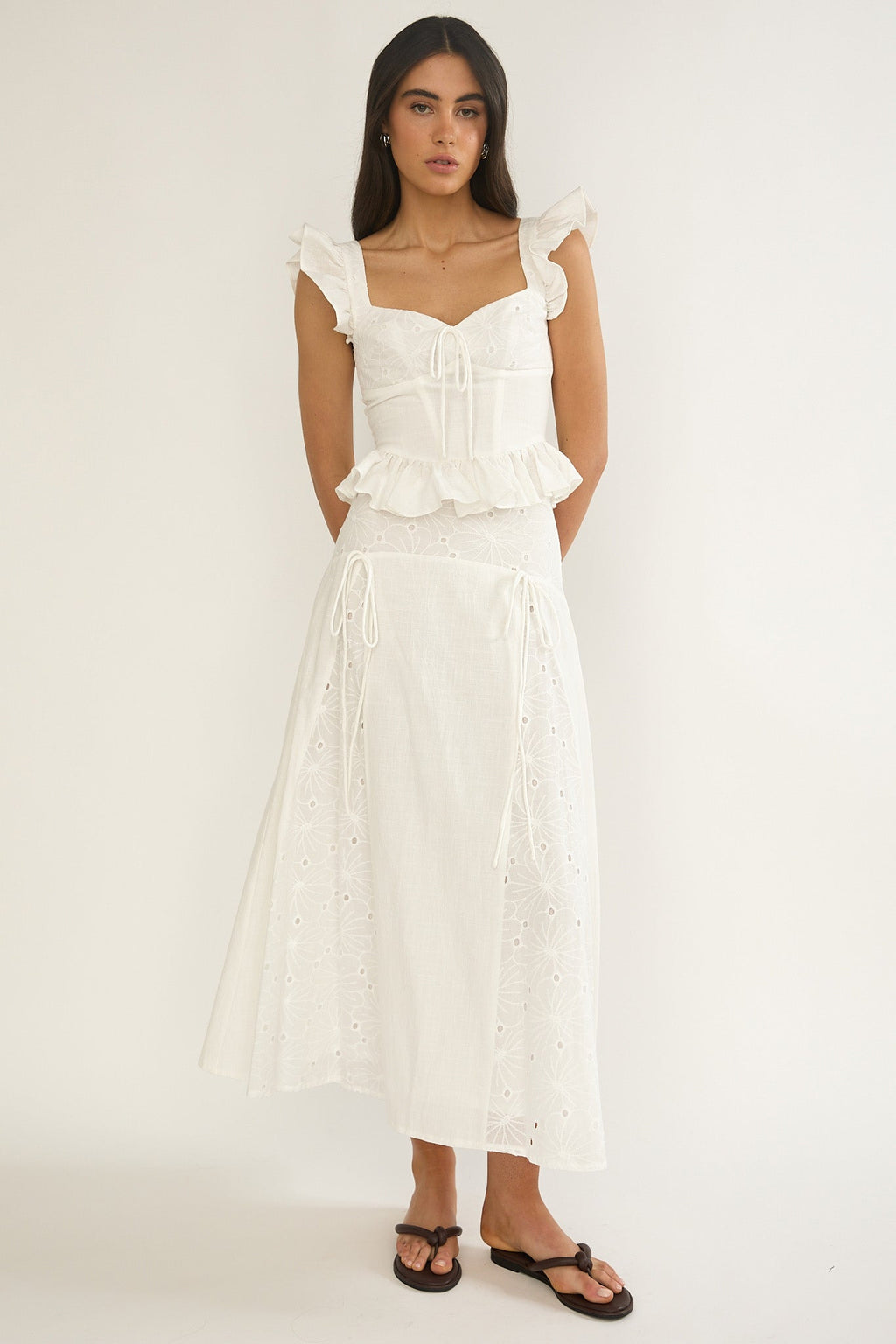 Danette Frill Trim Embroidery Top White