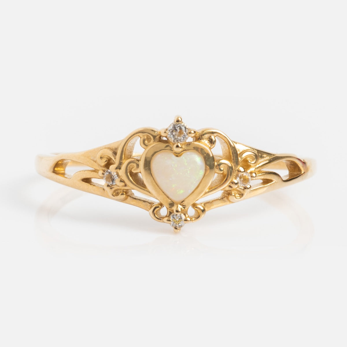 Solid Gold Openwork Filigree Opal Heart Ring