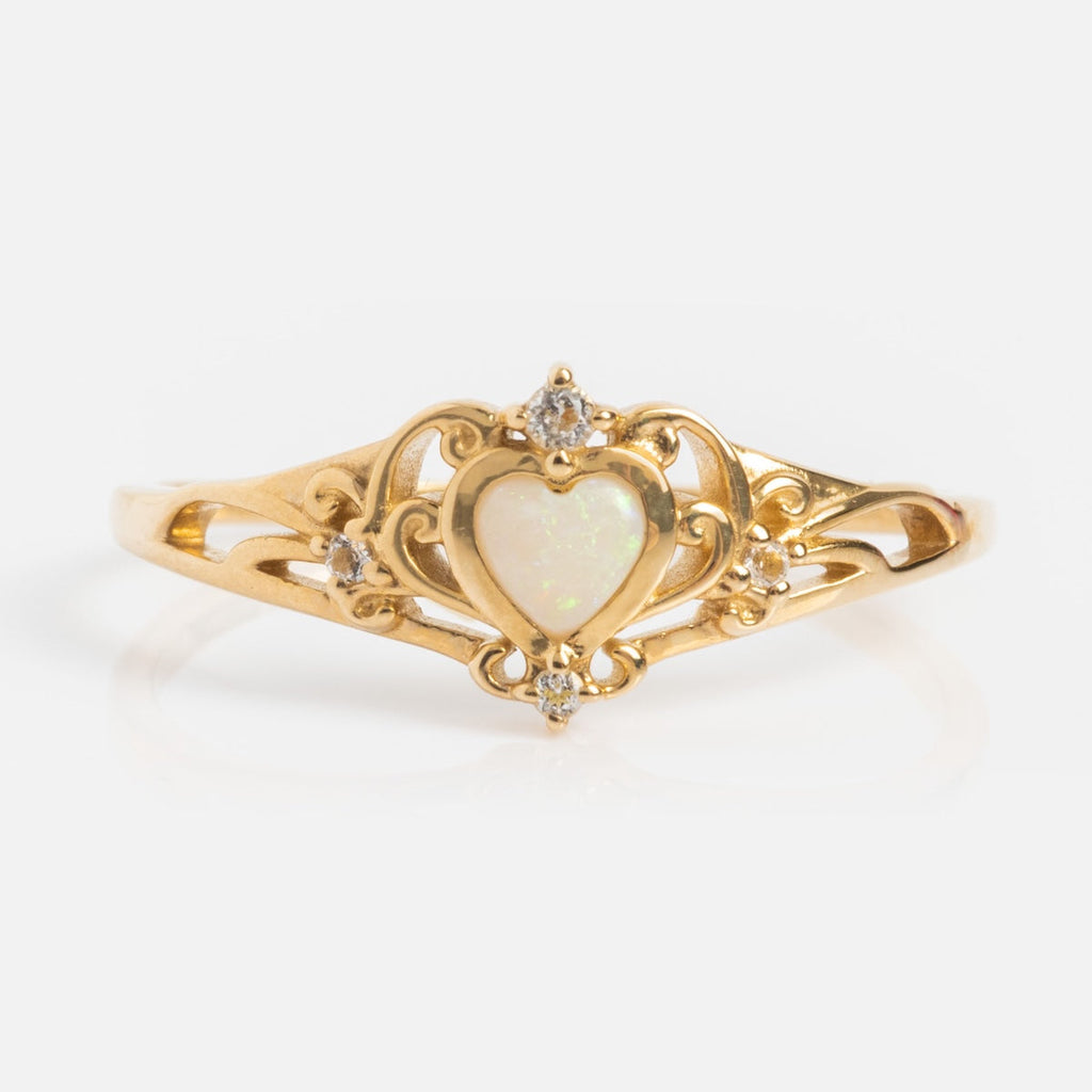 Solid Gold Openwork Filigree Opal Heart Ring