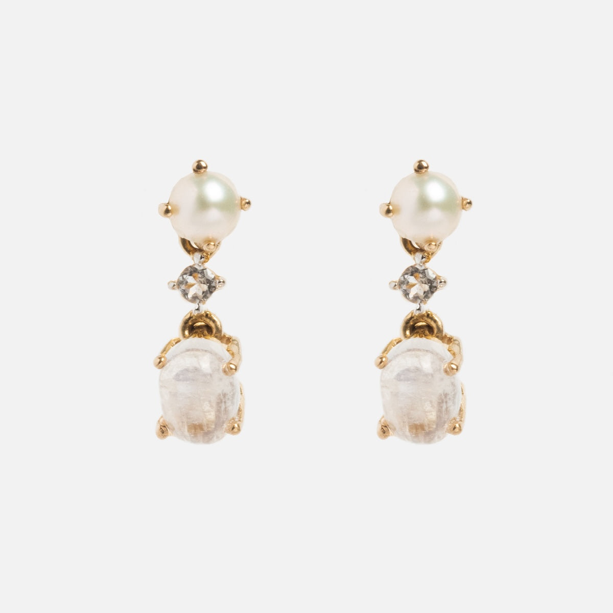 Solid Gold Soft Glow Pearl and Moonstone Drop Studs