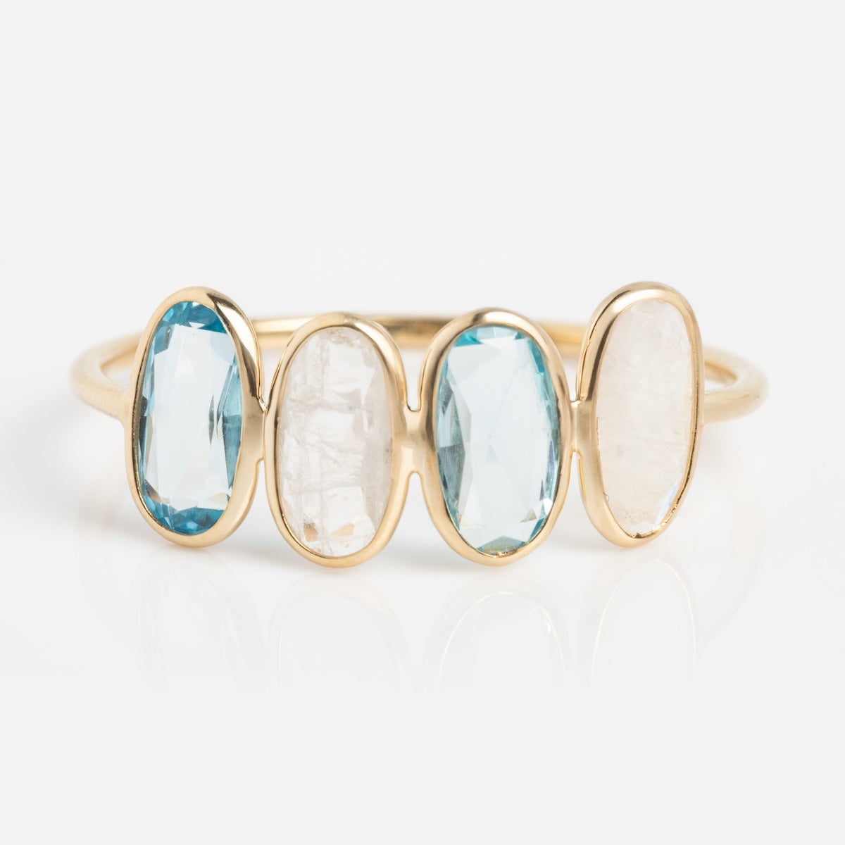 Solid Gold Daybreak Moonstone and Blue Topaz Ring Last Chance Sizes